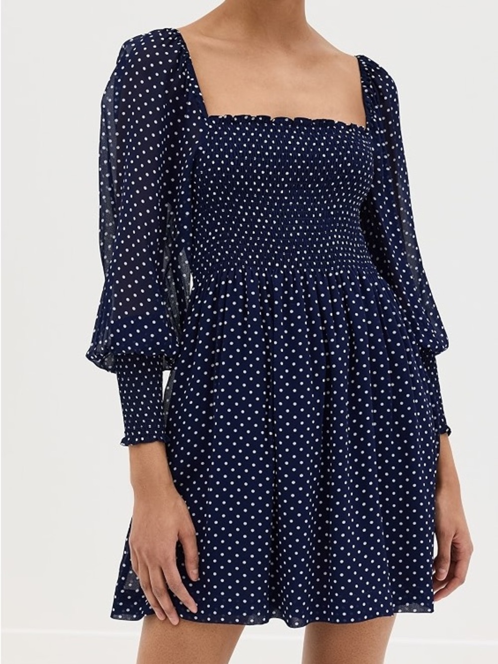 Women's Navy Polka Dot Smocked Square-Neck Long Sleeve Dress